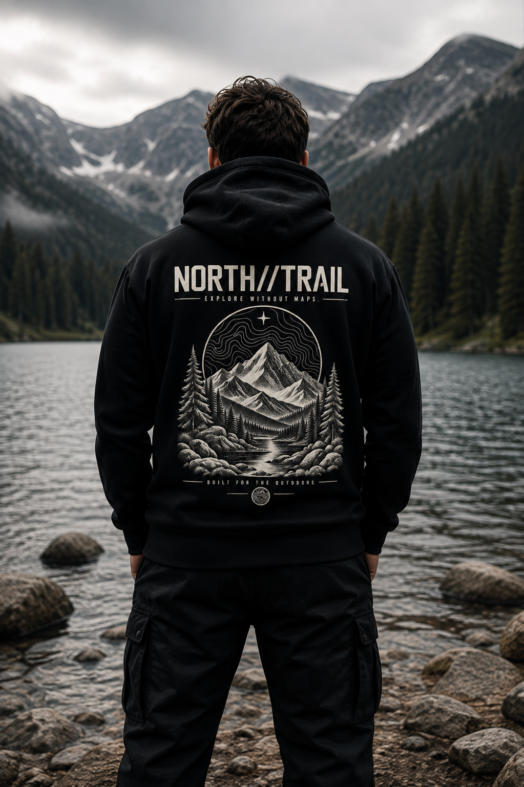 A man stands with his back to the camera wearing a black hoodie with a large white graphic print on the back that reads 'NORTH//TRAIL' and 'EXPLORING WEAVER MOUNTAIN'. He is positioned on a rocky shore in front of a lake and forested mountains.