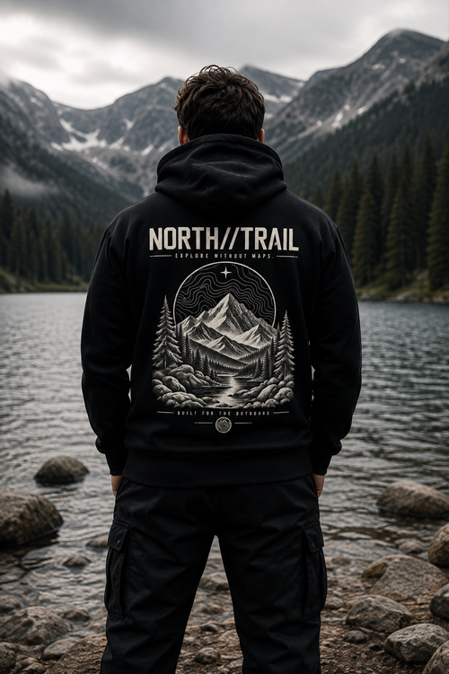 A man stands with his back to the camera wearing a black hoodie with a large white graphic print on the back that reads 'NORTH//TRAIL' and 'EXPLORING WEAVER MOUNTAIN'. He is positioned on a rocky shore in front of a lake and forested mountains.