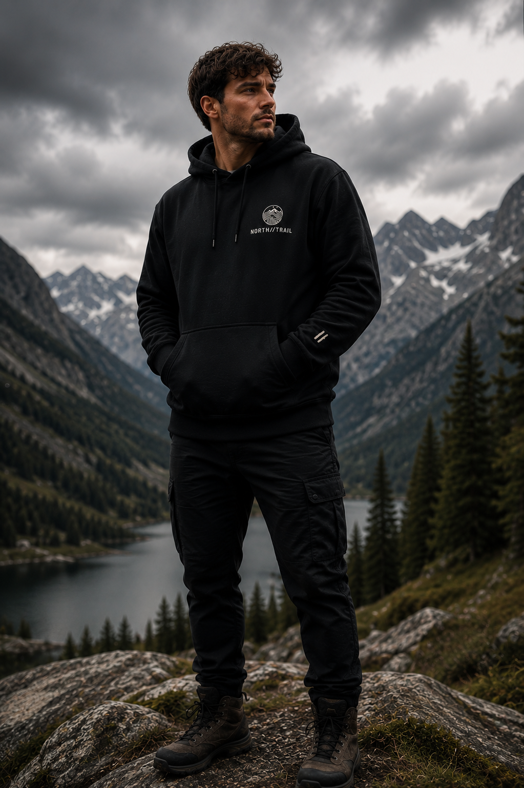 A man wearing a black pullover hoodie and black cargo pants stands on a rocky mountainside overlooking a lake and pine-covered valley under a cloudy sky. A small white chest logo is visible on the hoodie.